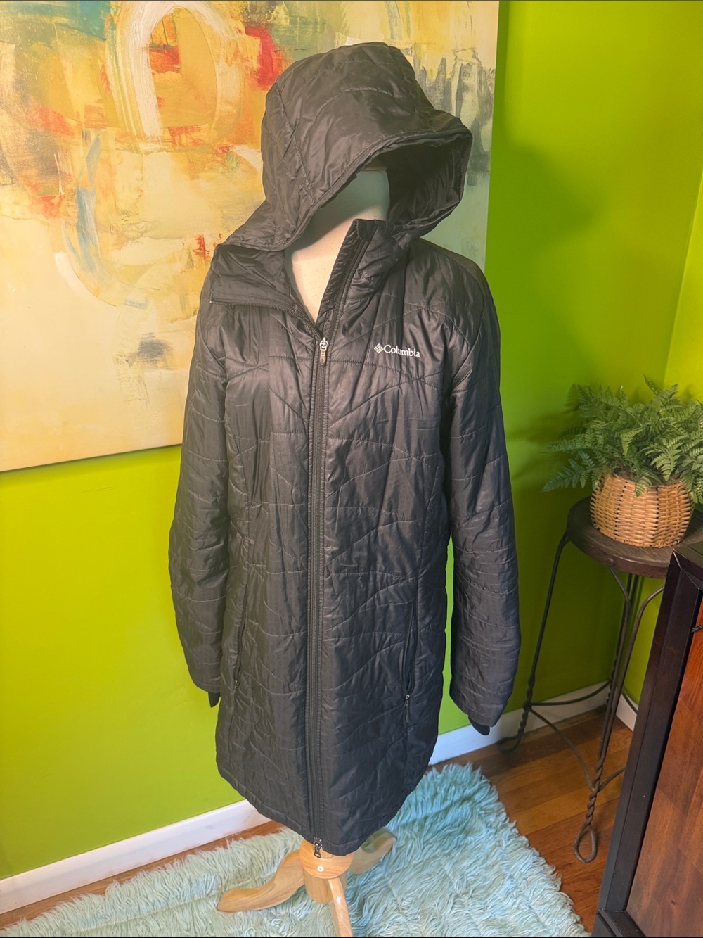 Columbia Black Hooded Women's Long Quilted Puffer Coat